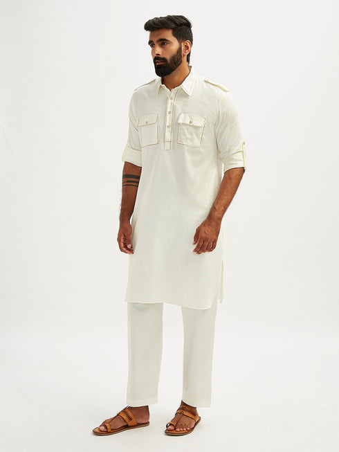 Men's White Fine Satin Pathani Kurta Set