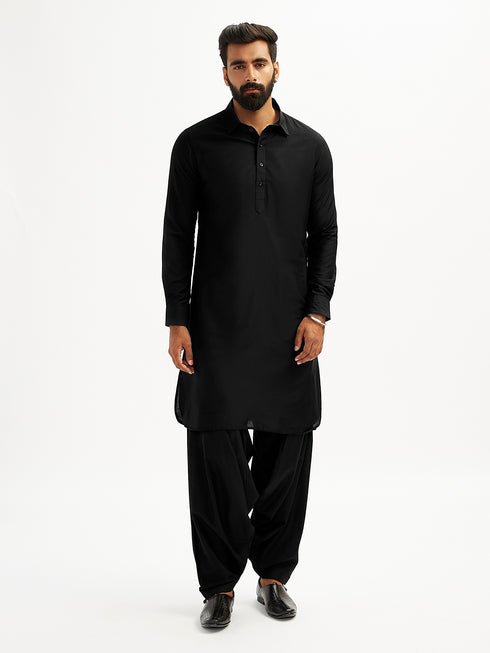 Men's Black Viscose Pathani Kurta Set