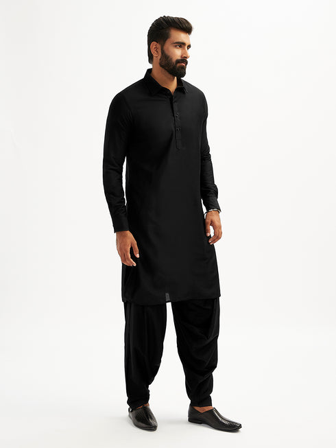 Men's Black Viscose Pathani Kurta Set