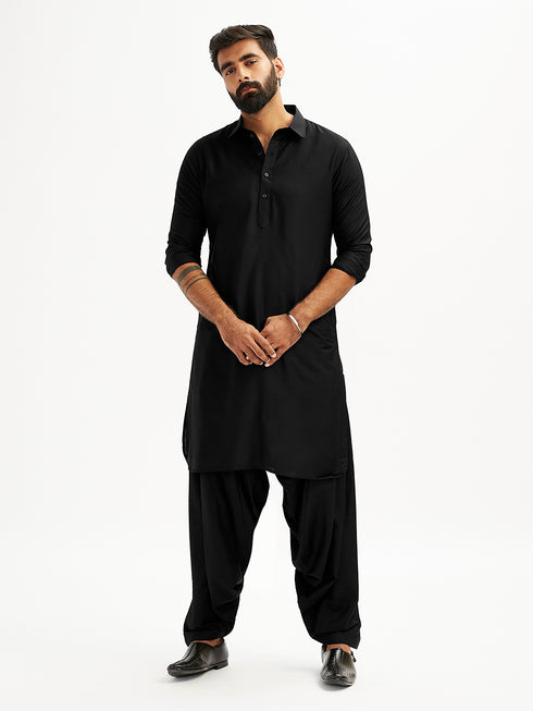 Men's Black Viscose Pathani Kurta Set