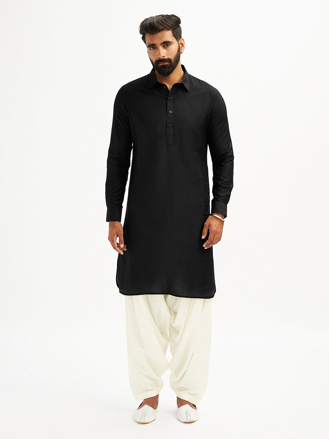 Men's Black And White Viscose Pathani Kurta Set