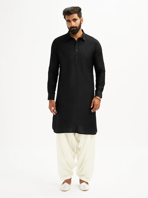 Men's Black And White Viscose Pathani Kurta Set