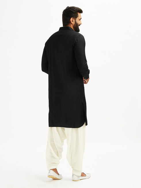 Men's Black And White Viscose Pathani Kurta Set