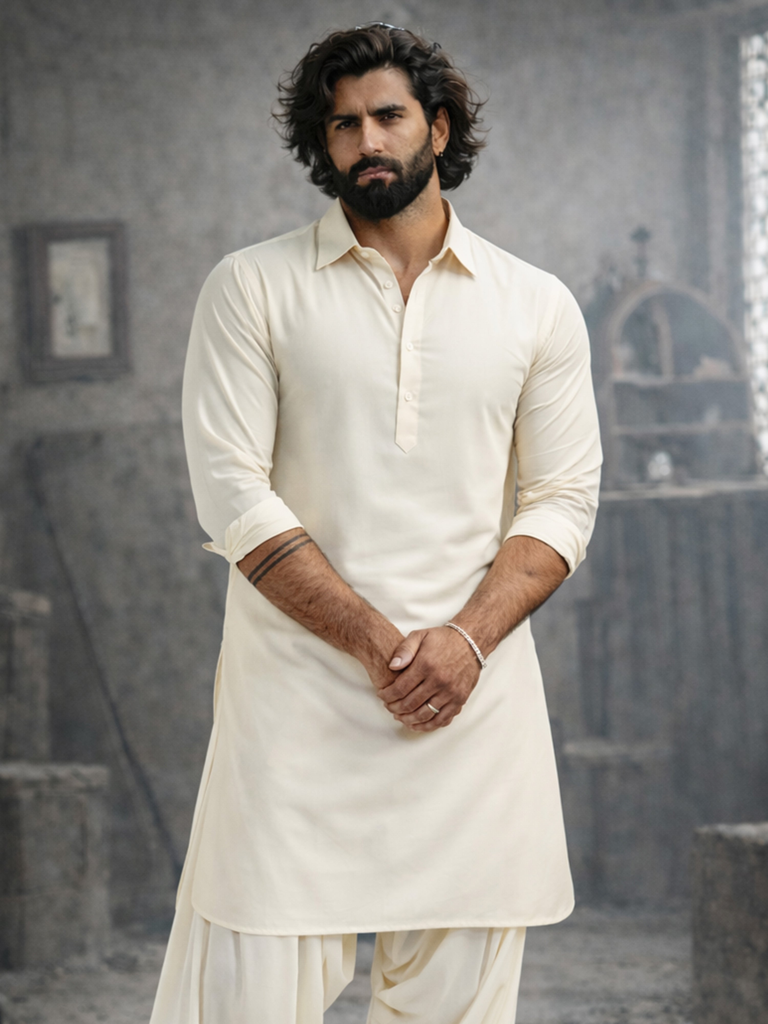 Men's Cream Viscose Pathani