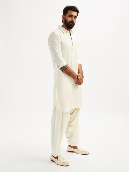 Men's Cream Viscose Pathani Kurta Set