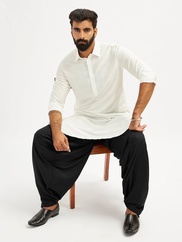 Men's White And Black Viscose Pathani Kurta Set
