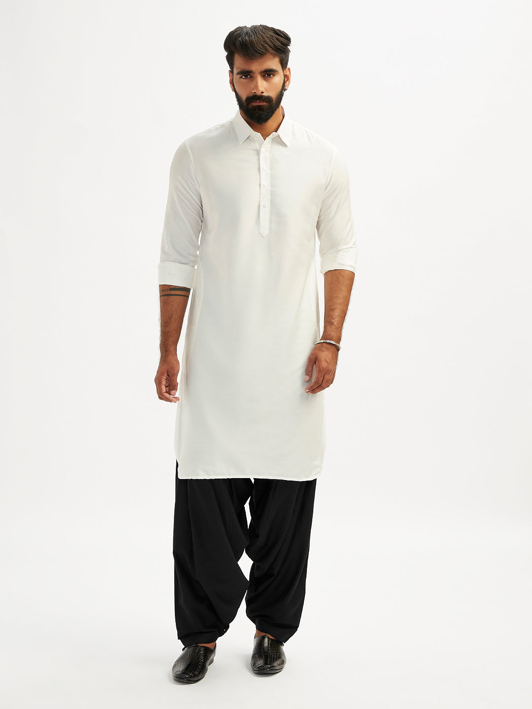 Men's White And Black Viscose Pathani Kurta Set