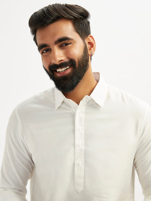 Men's White And Black Viscose Pathani Kurta Set