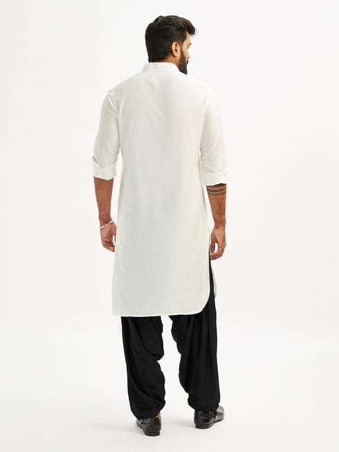Men's White And Black Viscose Pathani Kurta Set