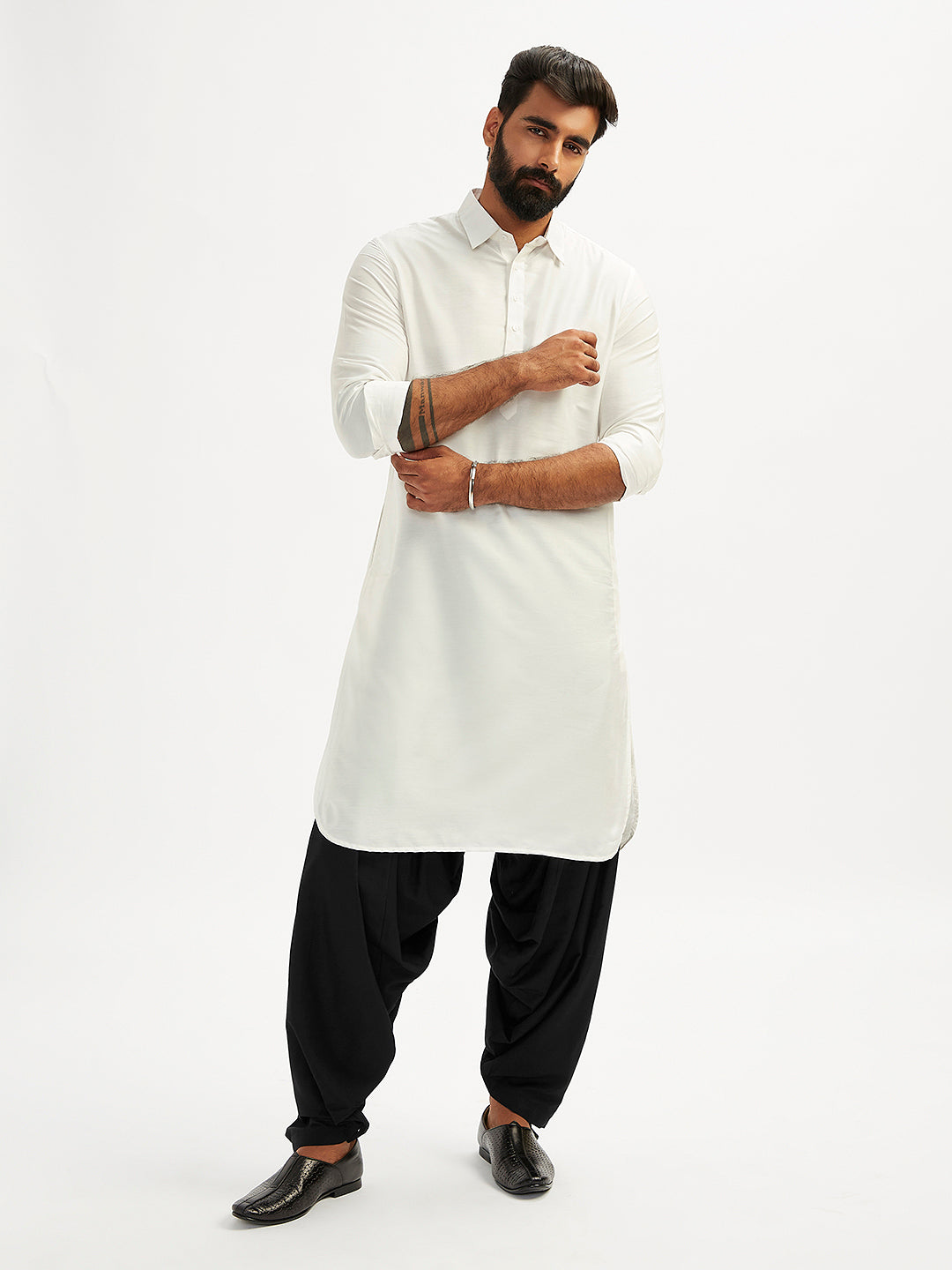 Men's White And Black Viscose Pathani Kurta Set