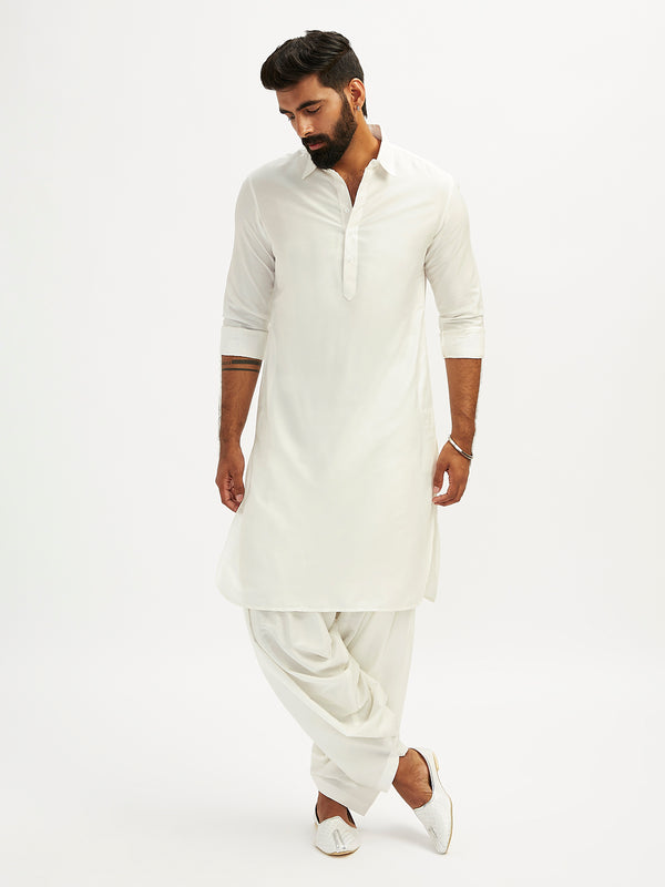 Men's White Viscose Pathani Kurta Set