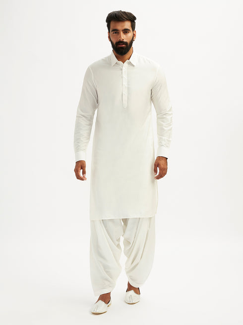Men's White Viscose Pathani Kurta Set