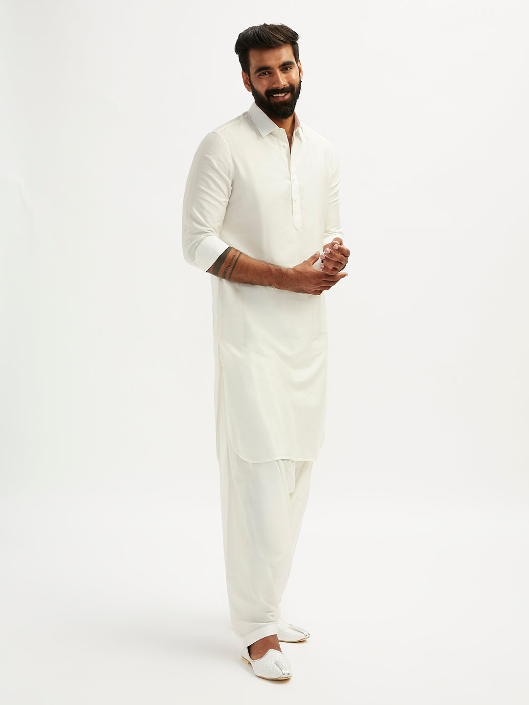 Men's White Viscose Pathani Kurta Set