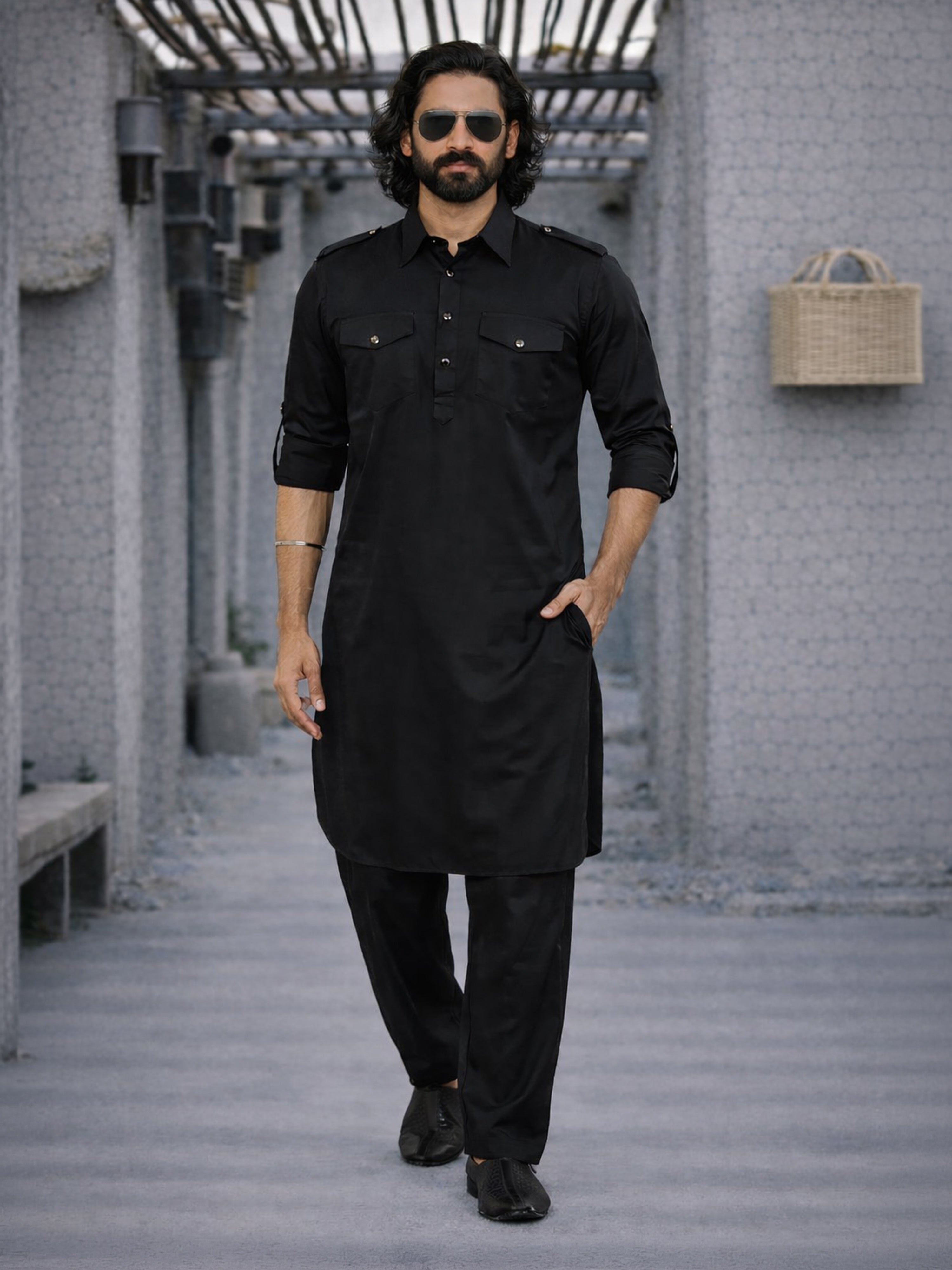 Men's Black Cotton Pathani Suit Set