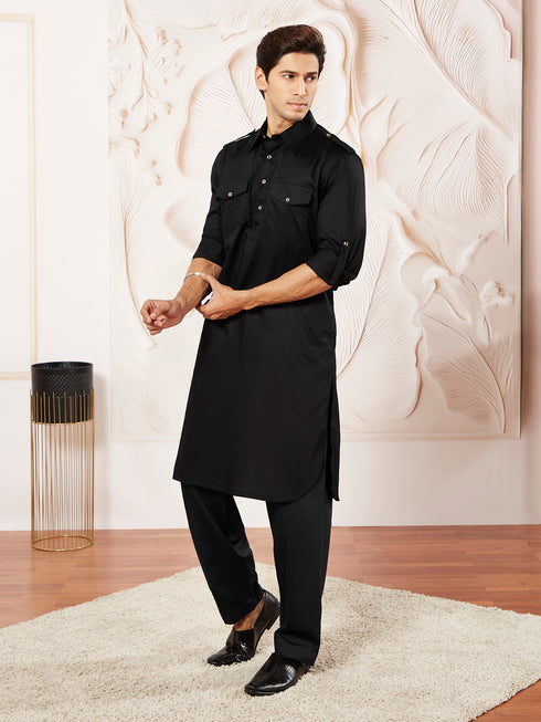 Men's Black Cotton Pathani Suit Set