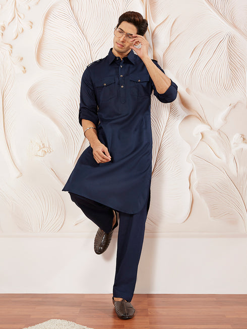 Men's Blue Cotton Pathani Suit Set