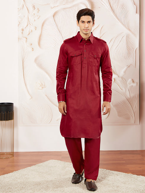 Men's Maroon Cotton Pathani Suit Set