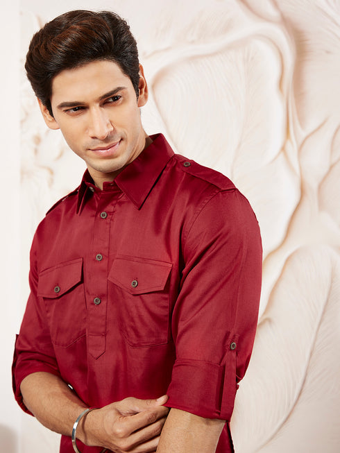 Men's Maroon Cotton Pathani Suit Set