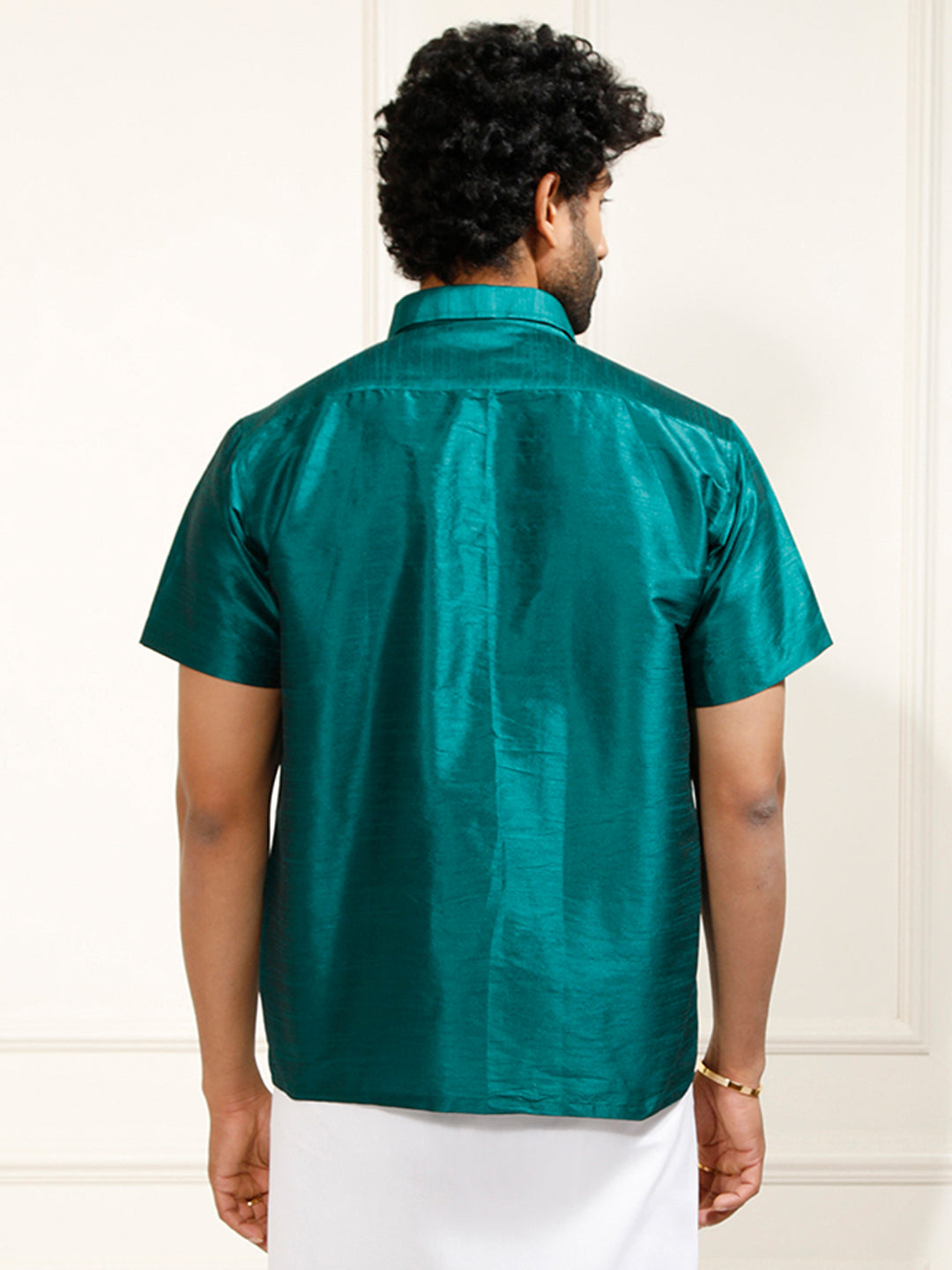 VASTRAMAY Men's Green Silk Blend Ethnic Shirt
