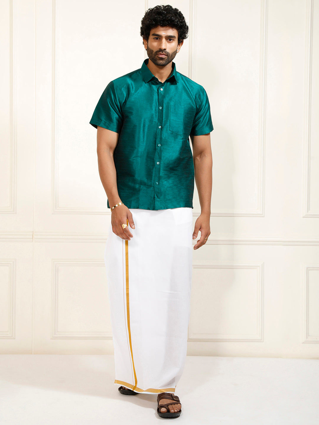 Men's Bottle Green Silk Blend Shirt And Mundu