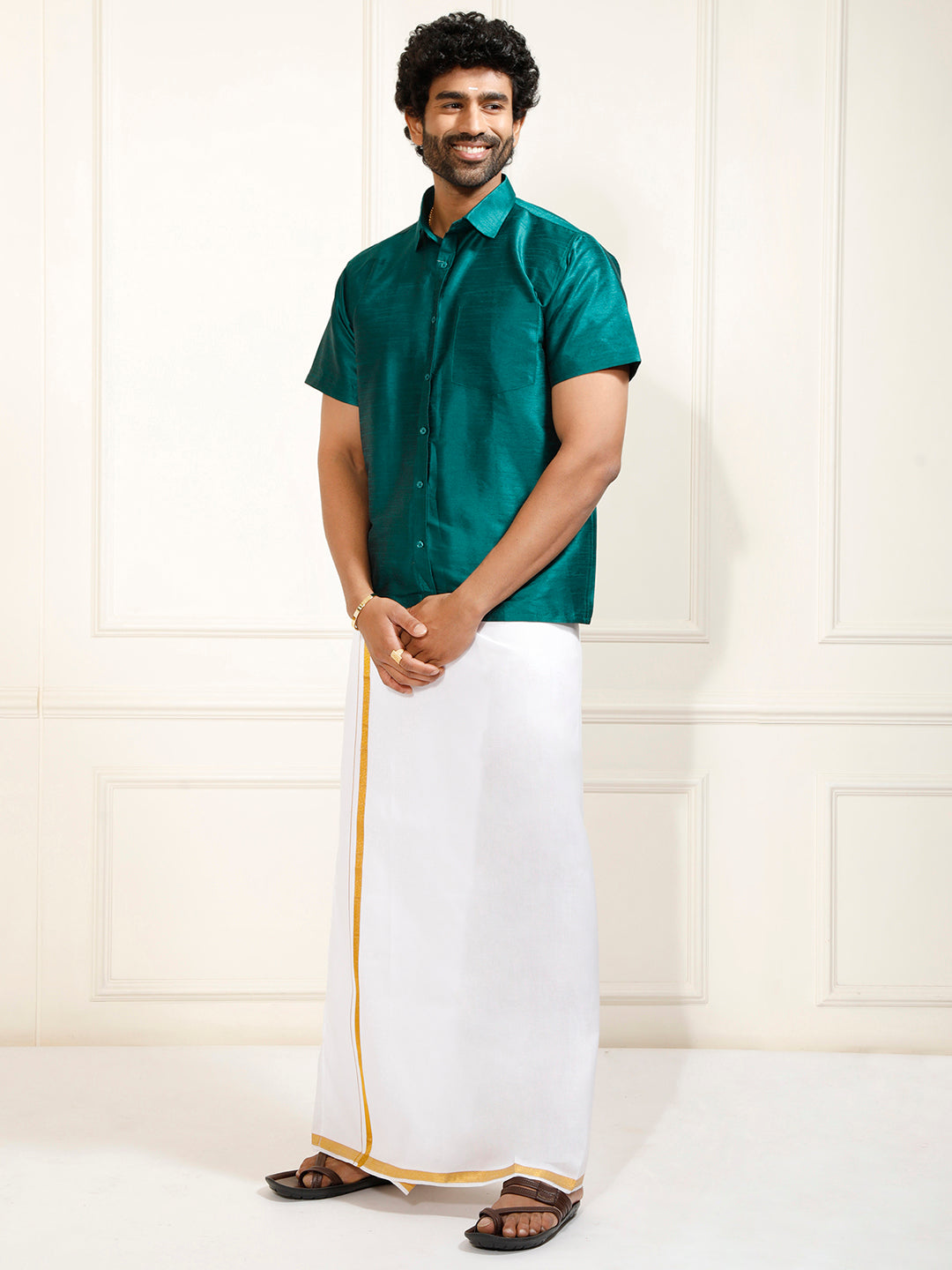 Men's Bottle Green Silk Blend Shirt And Mundu