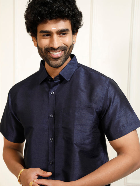Men's Navy Blue Silk Blend Ethnic Shirt