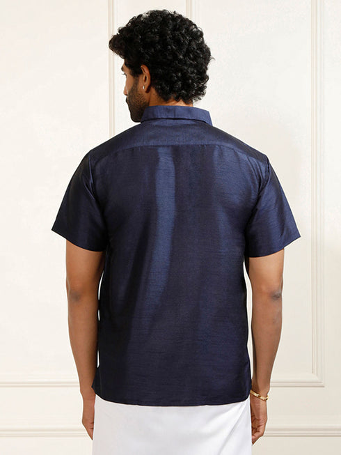Men's Navy Blue Silk Blend Ethnic Shirt
