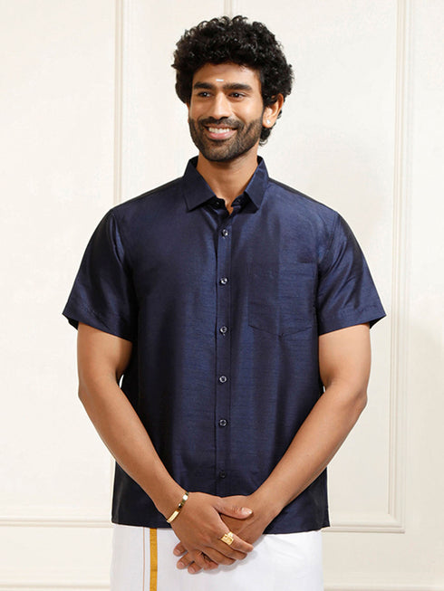Men's Navy Blue Silk Blend Ethnic Shirt