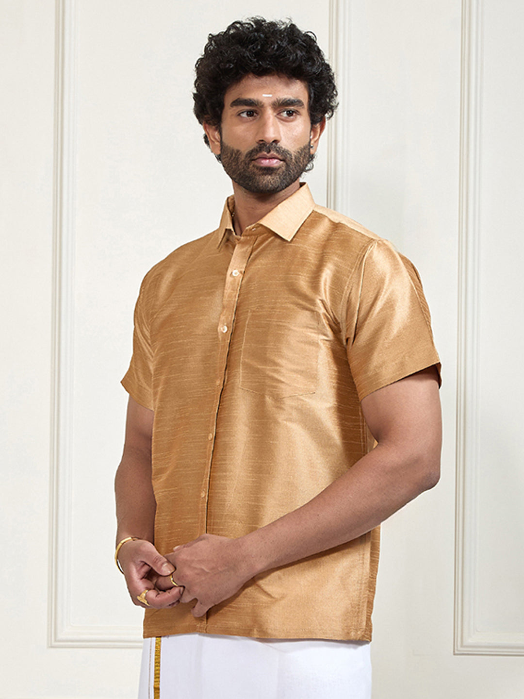Men's Gold Silk Blend Ethnic Shirt