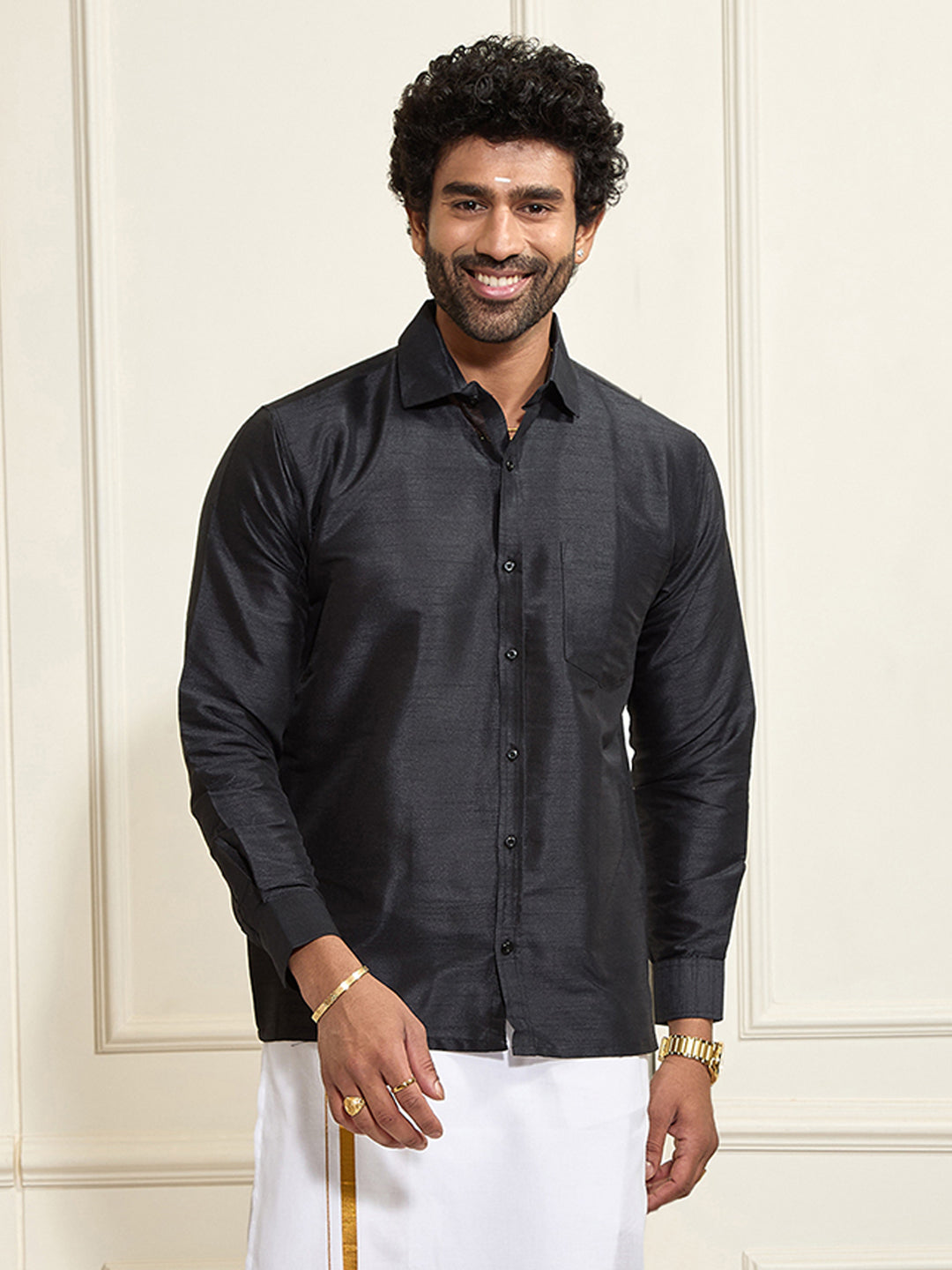 Men's Black Silk Blend Ethnic Shirt