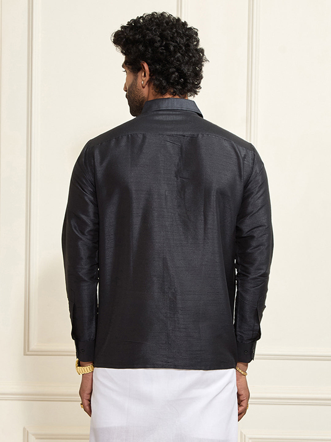 Men's Black Silk Blend Ethnic Shirt