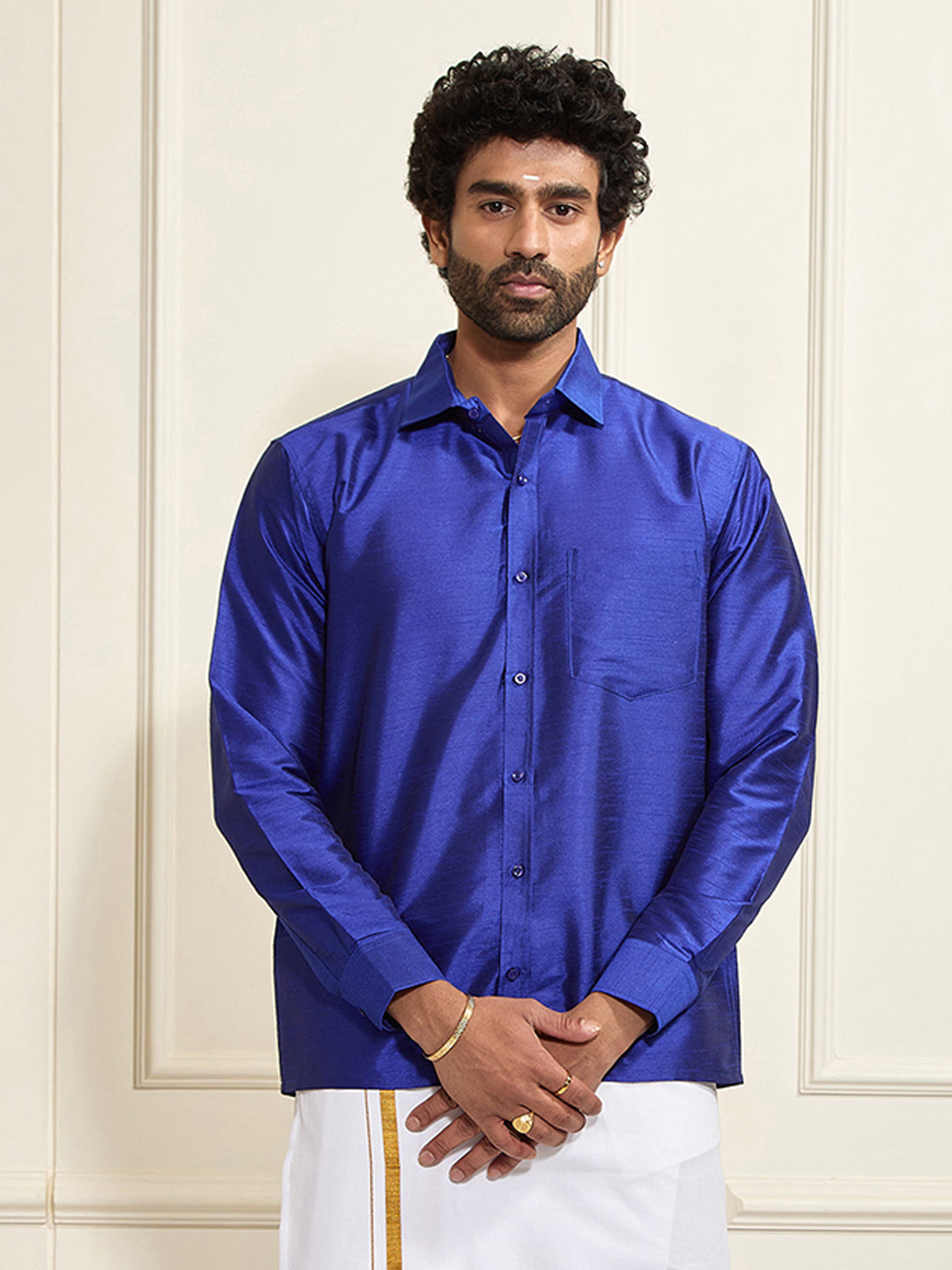 Men's Blue Silk Blend Ethnic Shirt