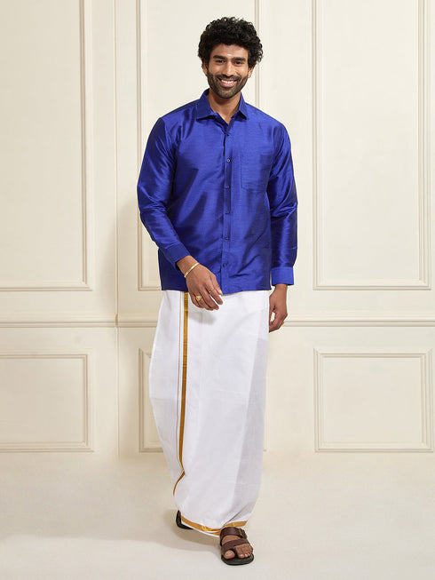 Men's Blue Silk Blend Ethnic Shirt