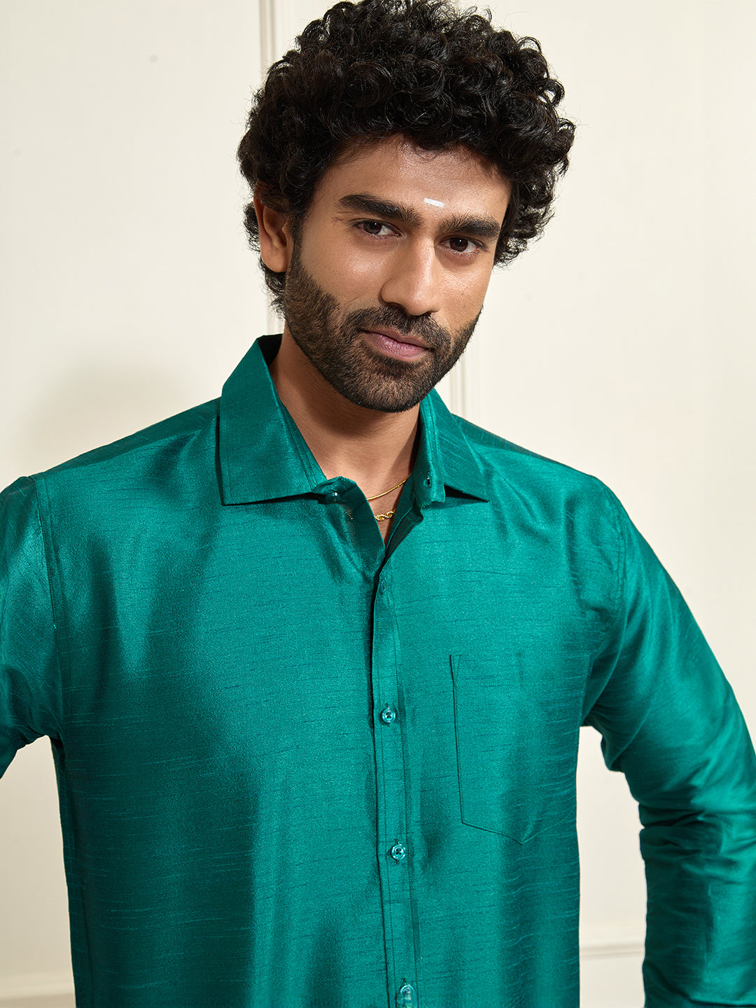 Men's Green Silk Blend Ethnic Shirt
