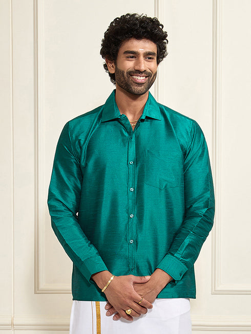 Men's Green Silk Blend Ethnic Shirt