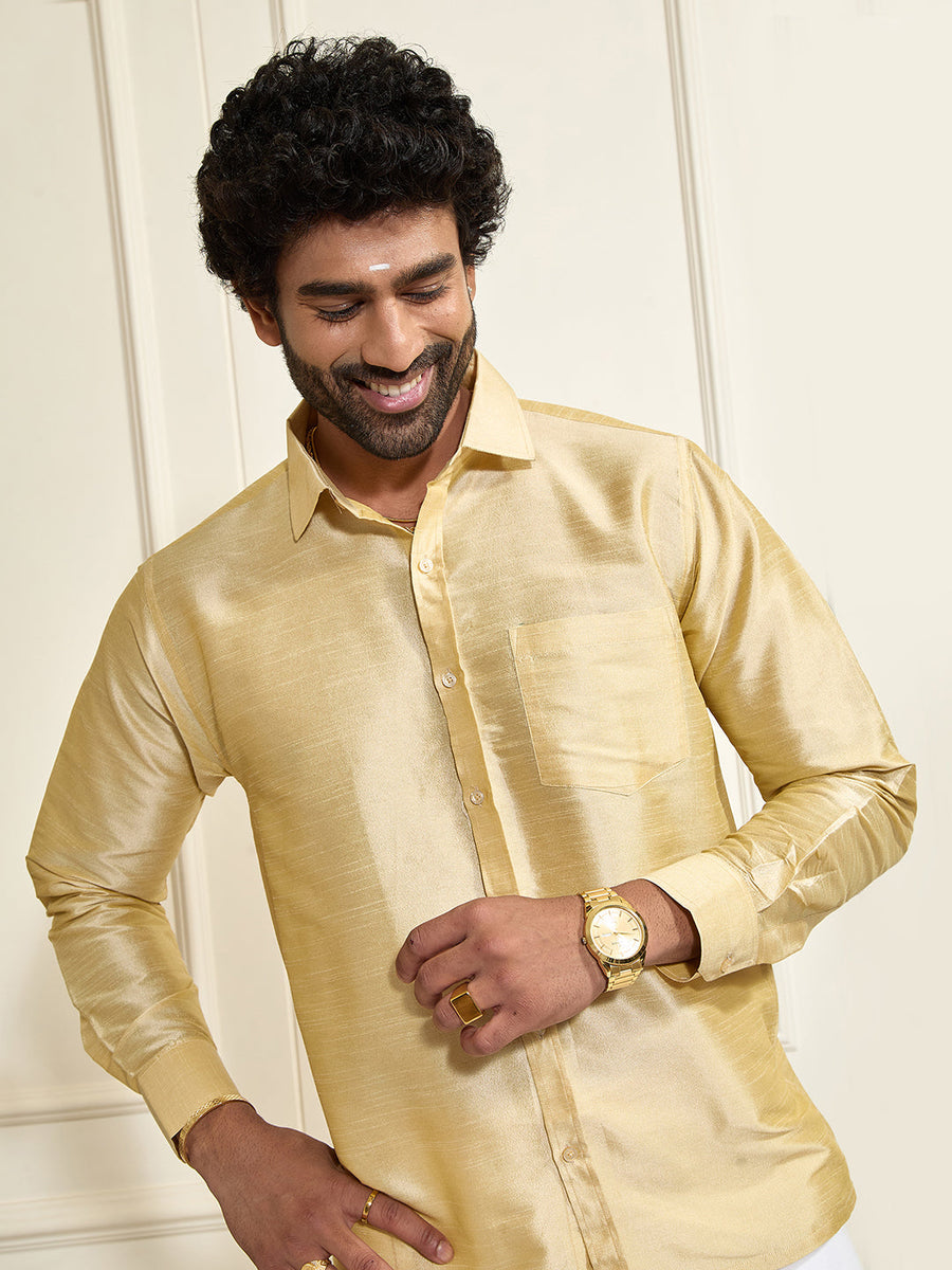 Men's Gold Silk Blend Shirt And Mundu  vastramay