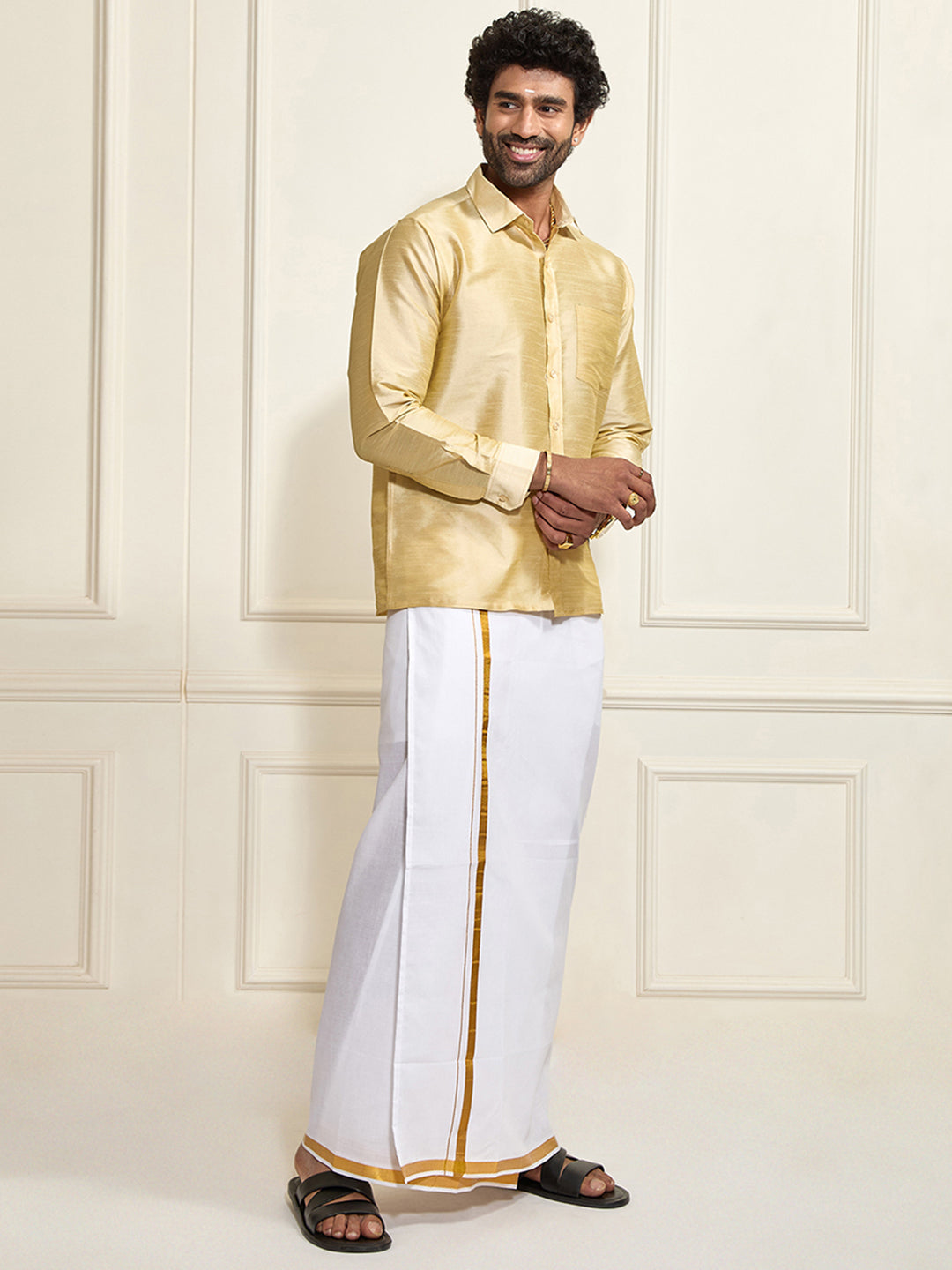 Men's Gold Silk Blend Shirt And Mundu