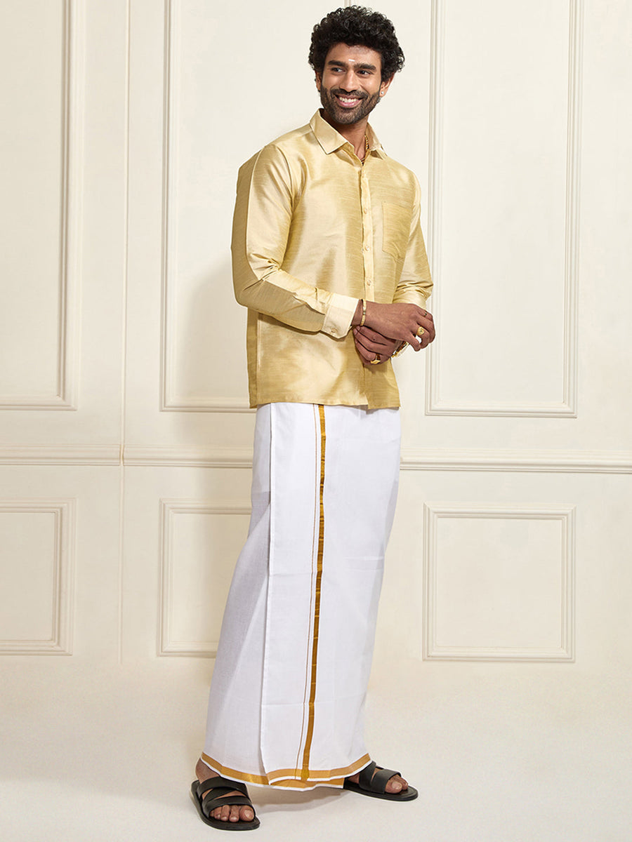 Men's Gold Silk Blend Shirt And Mundu vastramay Men's Gold Silk Blend Shirt And Mundu vastramay