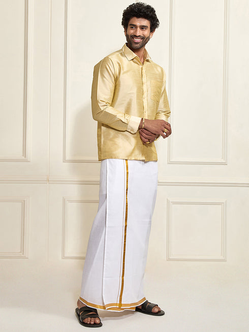 Men's Gold Silk Blend Shirt And Mundu