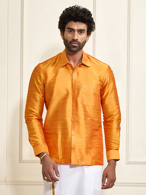 Men's Orange Silk Blend Ethnic Shirt