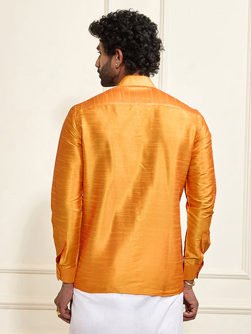 Men's Orange Silk Blend Ethnic Shirt