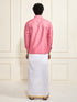 VASTRAMAY Men's Pink Silk Blend Shirt And Mundu