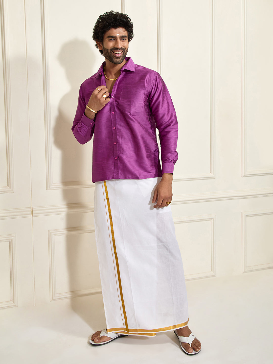 Men's Purple Silk Blend Shirt And Mundu