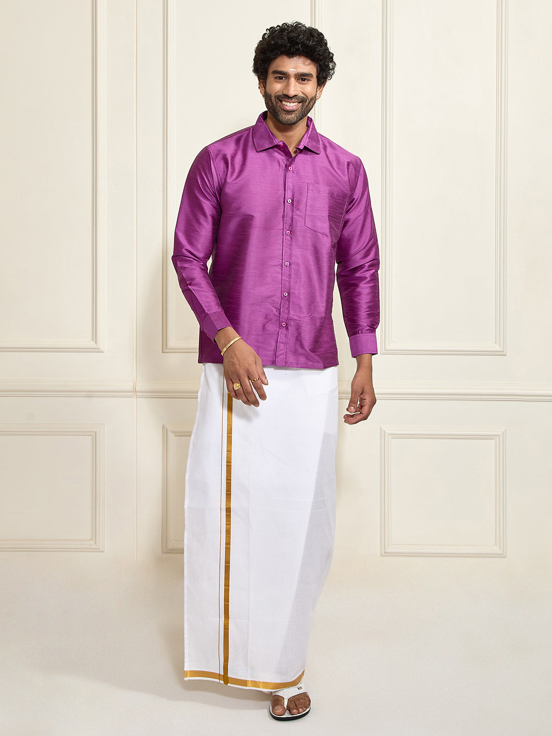 Men's Purple Silk Blend Shirt And Mundu