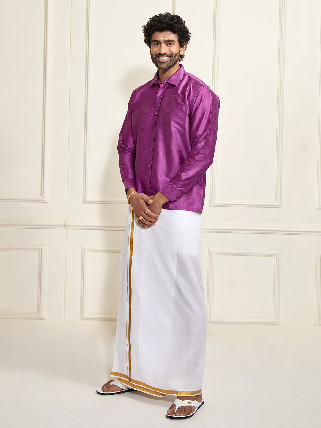 Men's Purple Silk Blend Shirt And Mundu