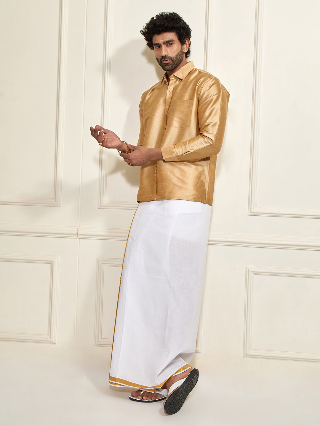 Men's Rose Gold Silk Blend Shirt And Mundu