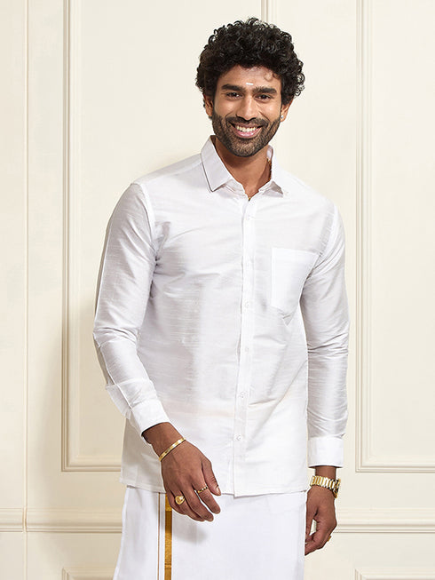 Men's White Silk Blend Ethnic Shirt