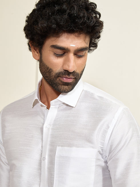Men's White Silk Blend Ethnic Shirt