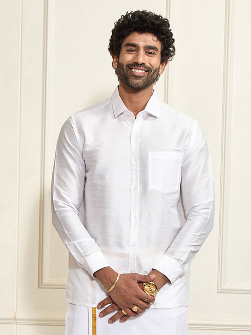Men's White Silk Blend Ethnic Shirt