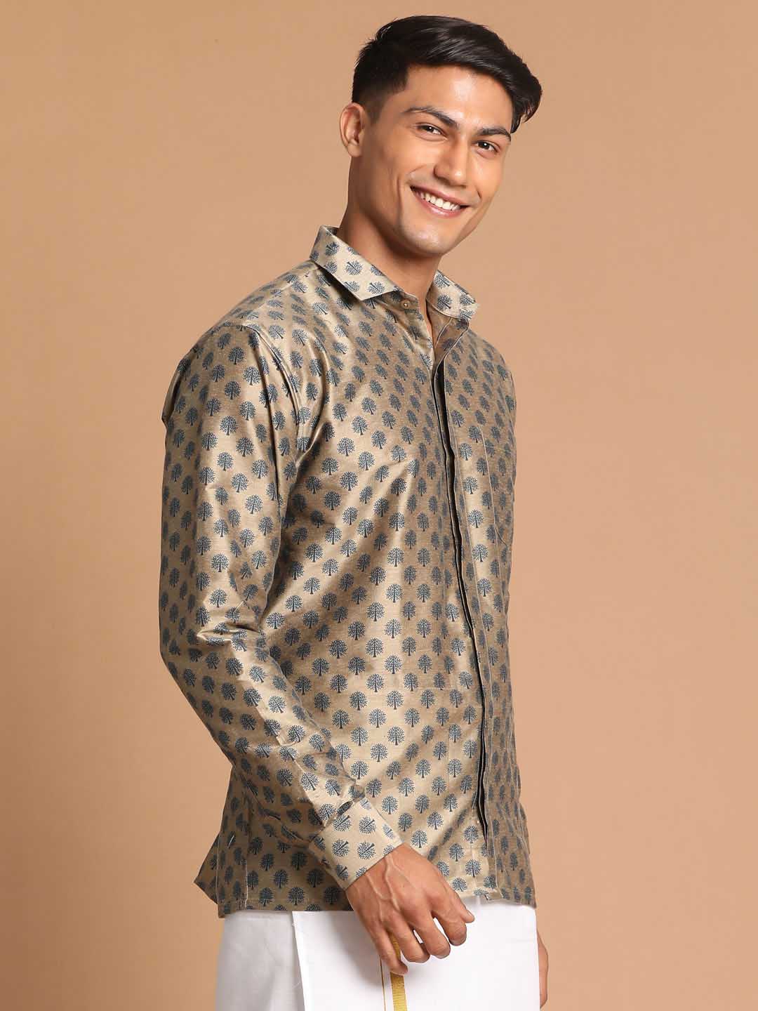 Men's Brown Silk Blend Printed Shirt